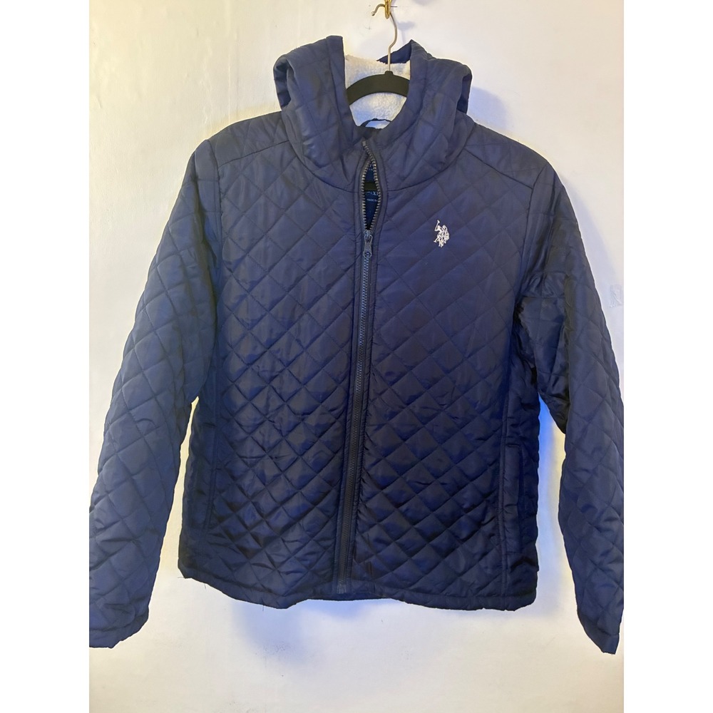 US Polo Assn Navy Blue Quilted Puffer Jacket Sherpa Lined Hood XL